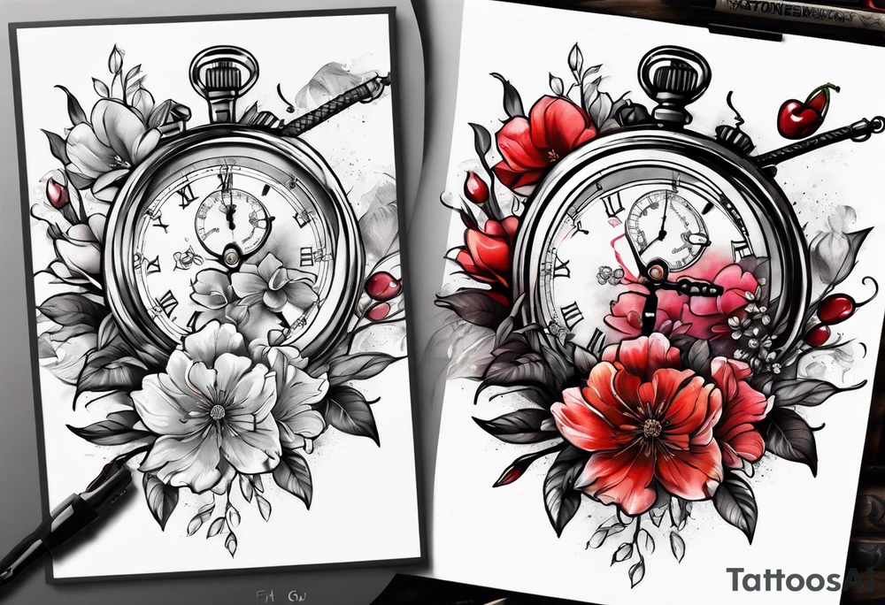 Stopwatch, sword and cherry bloom tattoo idea