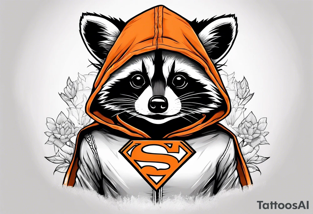 Raccoon wearing an orange Superman hoodie tattoo idea