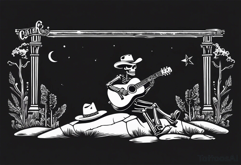 A skeleton with a cowboy hat on playing the guitar while sitting on a gravestone engraved with the words "Still Kickin'" and a pair of cowboy boots tattoo idea