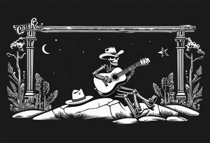 A skeleton with a cowboy hat on playing the guitar while sitting on a gravestone engraved with the words "Still Kickin'" and a pair of cowboy boots tattoo idea