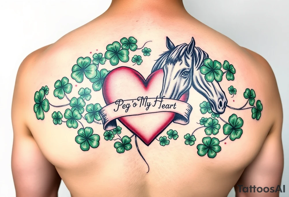 A lot of green shamrocks & a horse with a big Pink heart and a banner across the heart that says Peg 'o My Heart tattoo idea