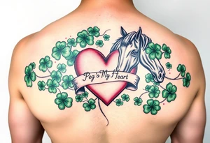A lot of green shamrocks & a horse with a big Pink heart and a banner across the heart that says Peg 'o My Heart tattoo idea