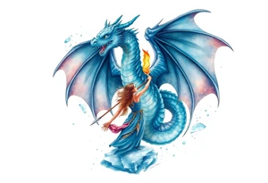 Woman throwing a spear at a blue fire breathing dragon with wings spread and flying over ice tattoo idea