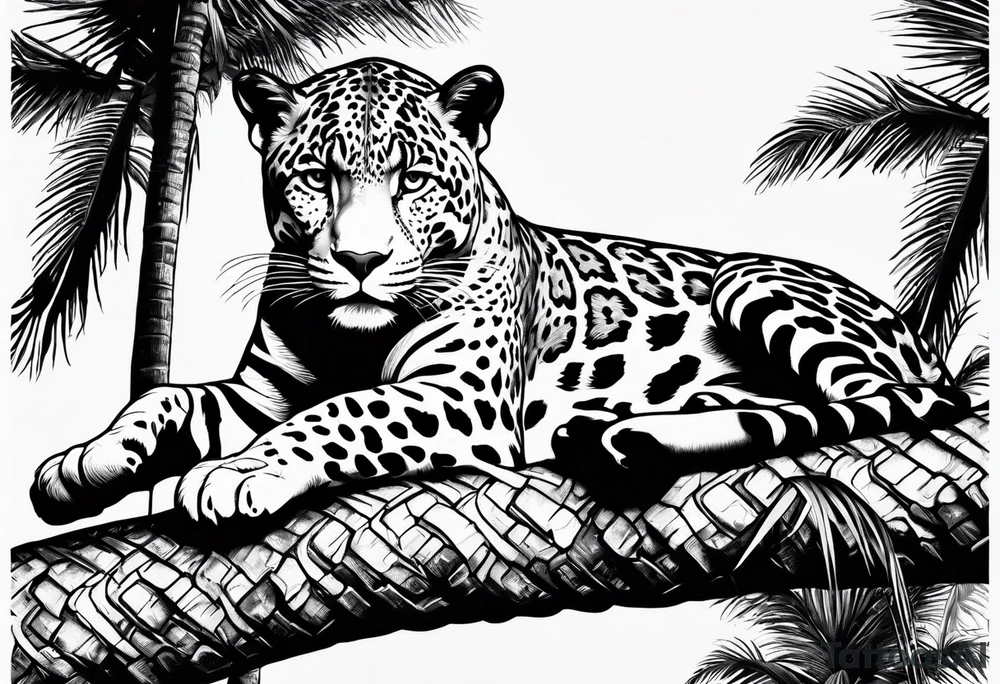 jaguar laying on palm tree tattoo idea