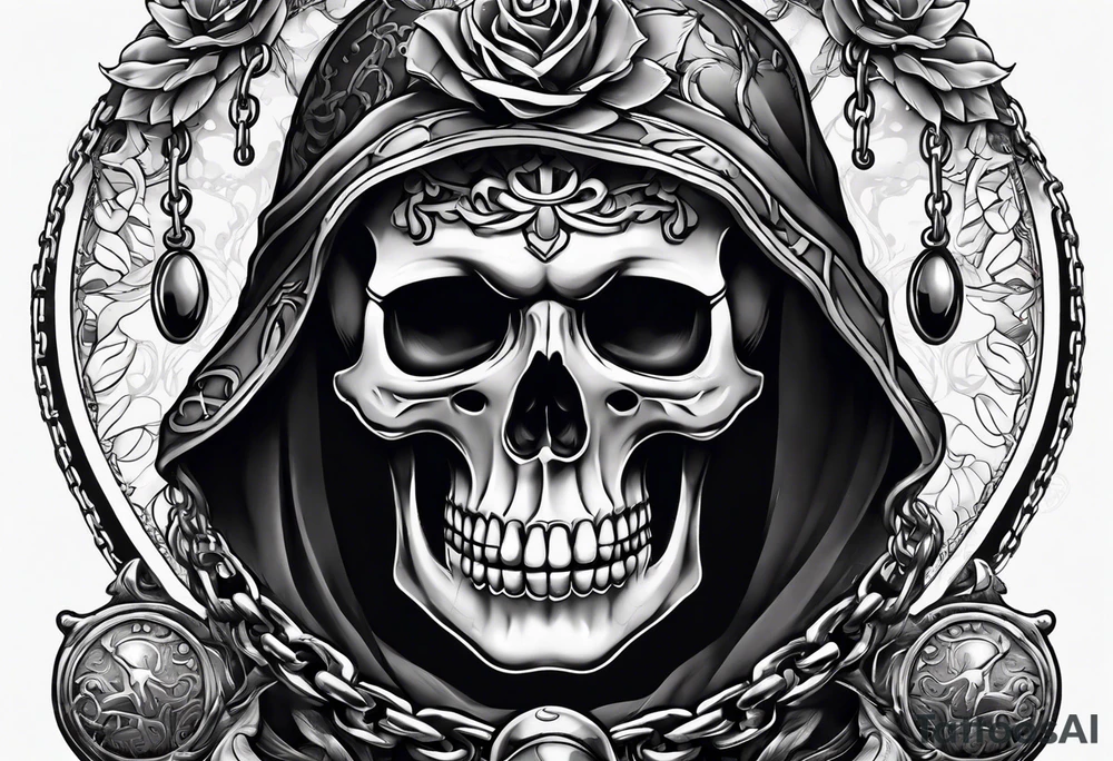 Skeleton with ball and chain around ankle tattoo idea
