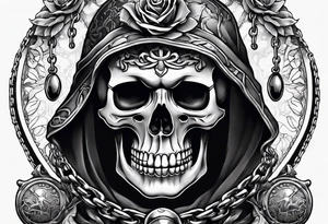 Skeleton with ball and chain around ankle tattoo idea