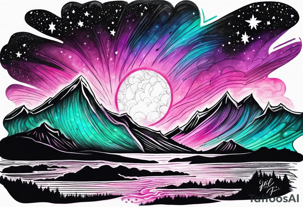 Pink purple teal green northern lights and stars tattoo idea