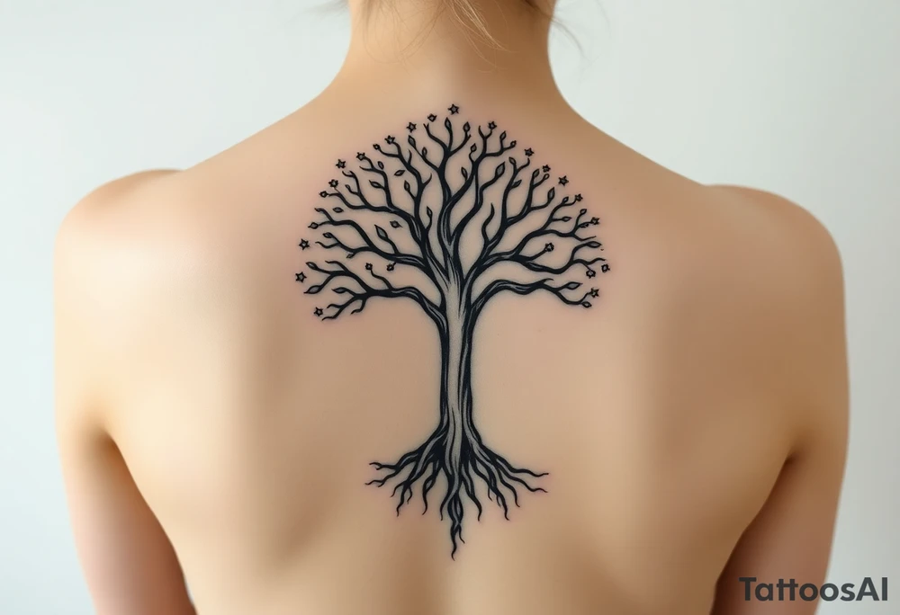 mystical tree of life with cosmic roots and celestial branches tattoo idea