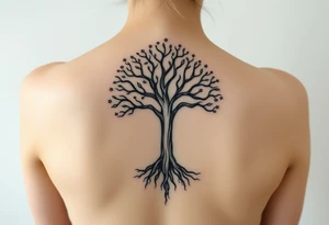mystical tree of life with cosmic roots and celestial branches tattoo idea