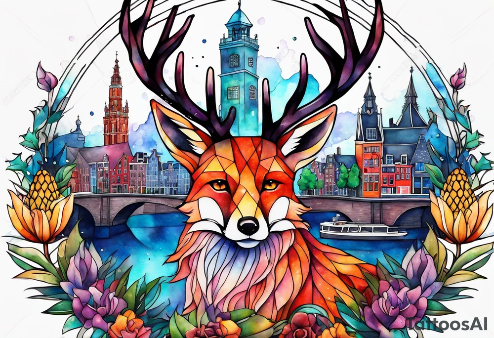 Animals, birds, stag, fox, watercolour of animals made from glass in Amsterdam featuring Amsterdam buildings and Amsterdam canal in galaxy colours featuring pineapples as space colours tattoo idea