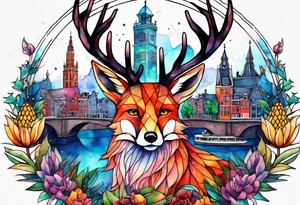 Animals, birds, stag, fox, watercolour of animals made from glass in Amsterdam featuring Amsterdam buildings and Amsterdam canal in galaxy colours featuring pineapples as space colours tattoo idea