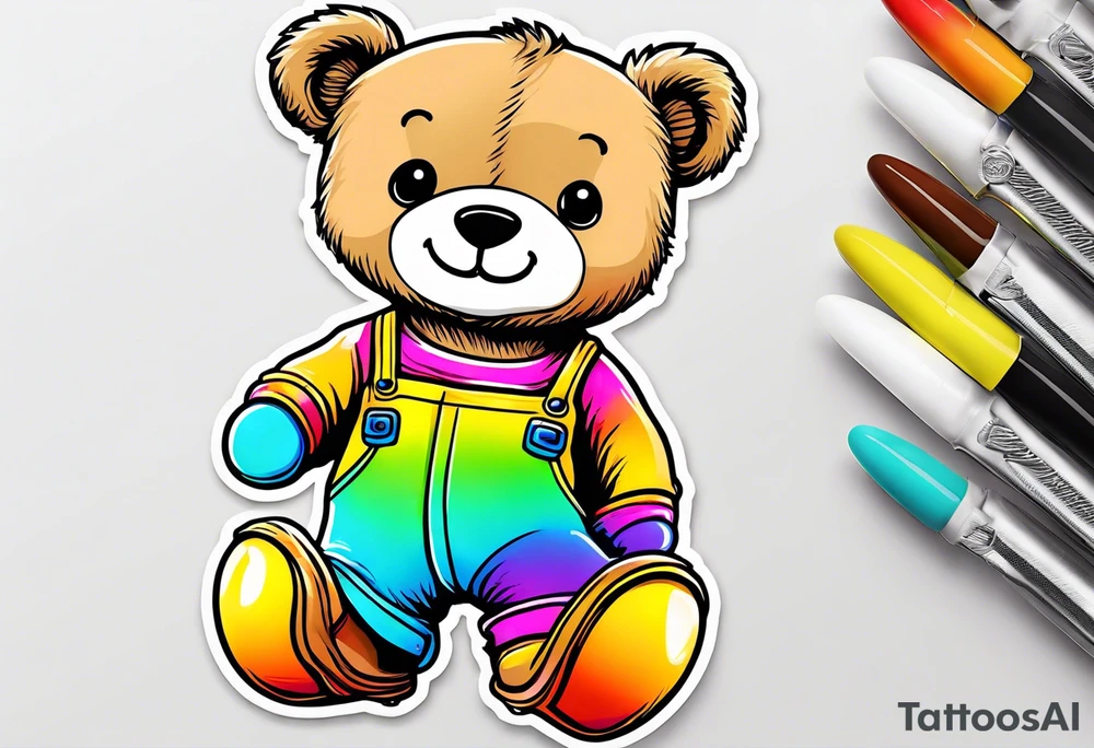 A light brown teddy bear in yellow overalls, wearing rainbow colored skates tattoo idea