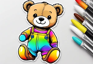 A light brown teddy bear in yellow overalls, wearing rainbow colored skates tattoo idea