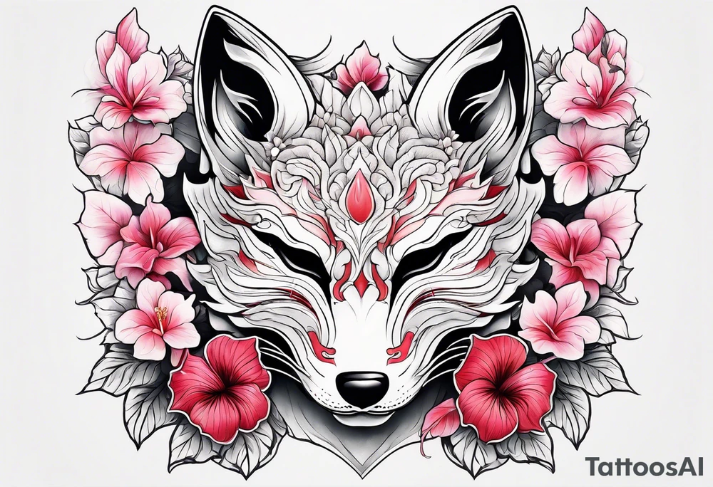 White japanese mask that looks like a kitsune with red accents and pink hibiscus flowers tattoo idea