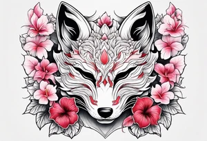 White japanese mask that looks like a kitsune with red accents and pink hibiscus flowers tattoo idea