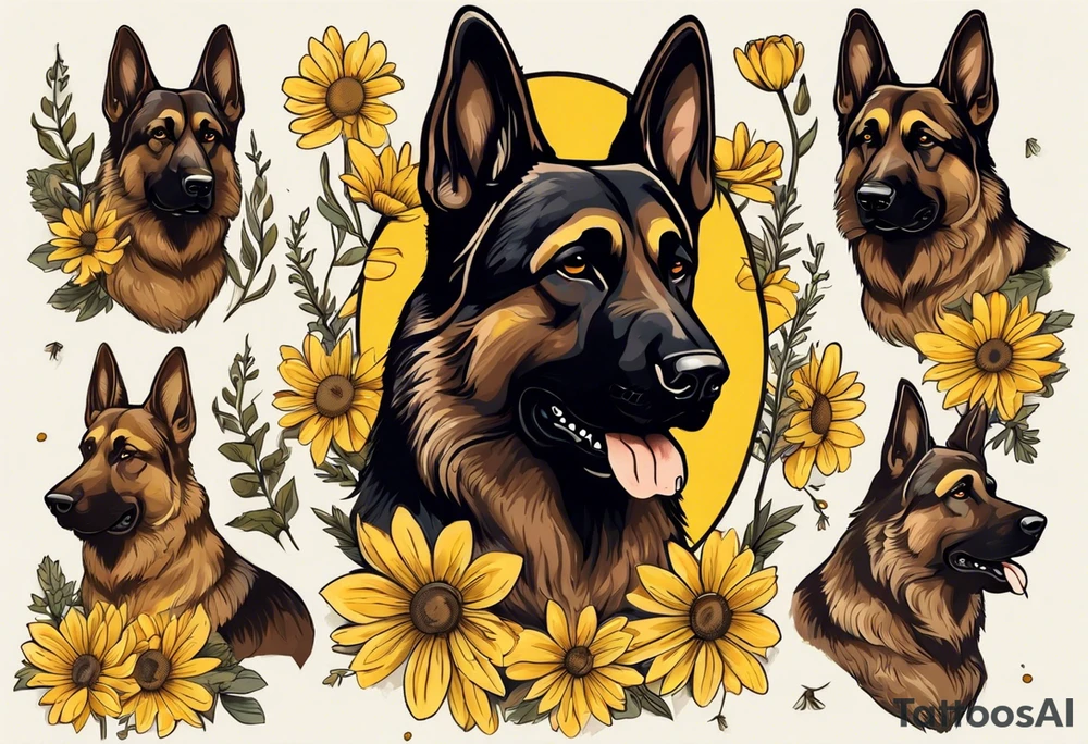 Dark Brown German shepherd portrait surrounded by yellow daisies tattoo idea
