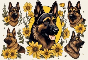 Dark Brown German shepherd portrait surrounded by yellow daisies tattoo idea
