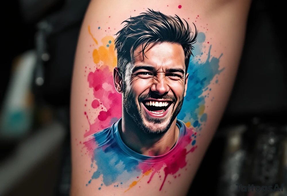 Stafford in Watercolor Style – A cheerful Stafford mid-run, surrounded by splashes of vibrant blue, pink, and yellow watercolor strokes. tattoo idea