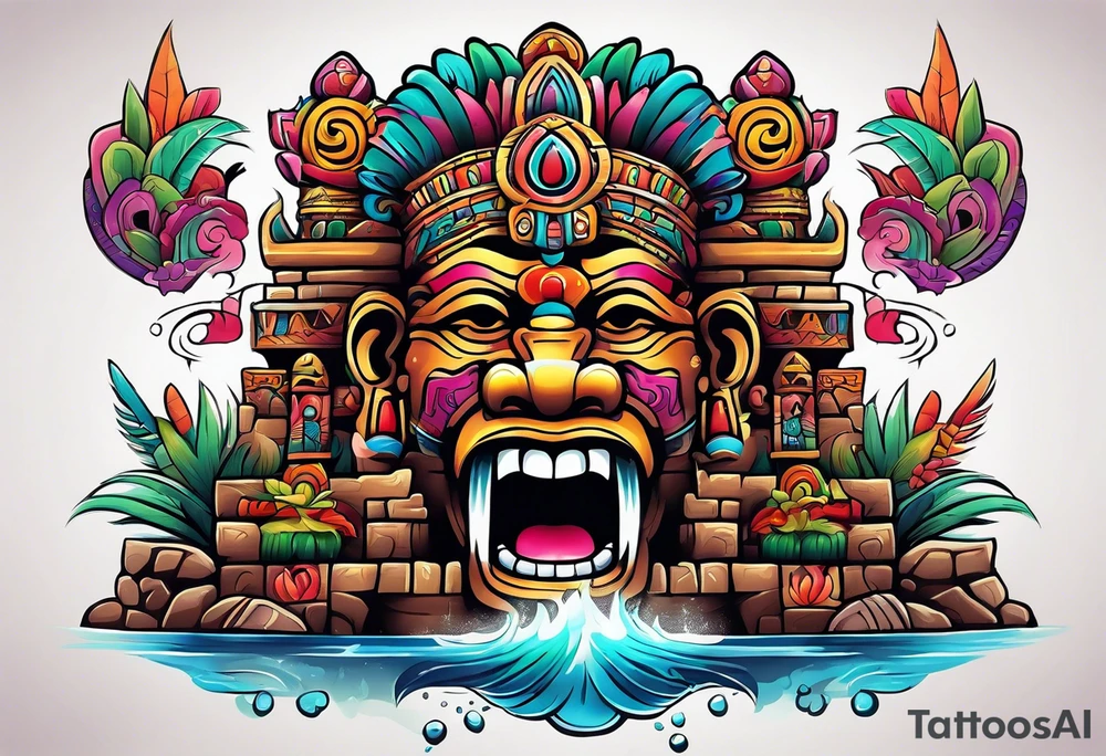 Colorful Mayan chaac with mouth as cave and water falling out tattoo idea