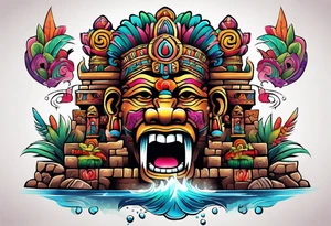 Colorful Mayan chaac with mouth as cave and water falling out tattoo idea