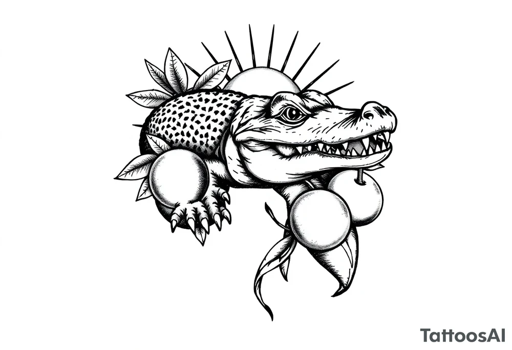 can you do another post stamp florida themed design with a gator the sun and oranges in a traditiona style tattoo idea