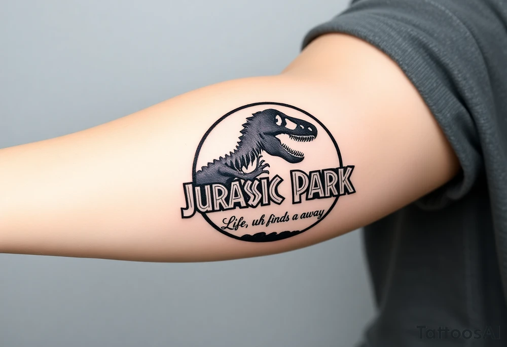 Jurassic Park logo with the dinosaur holding a big stick but with "Life, uh, finds a way" instead of the words "Jurassic Park" tattoo idea