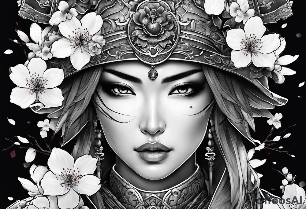 Female warrior with half a skull for a face woth cherry blossoms tattoo idea