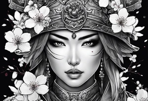 Female warrior with half a skull for a face woth cherry blossoms tattoo idea