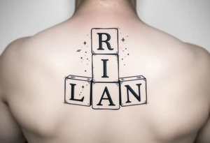 I WANT 5 TOY BABY BLOCKS STACKED ON TOP OF EACH OTHER AND I WANT EACH OF THEM TO HAVE A LETTER IN THEM. B, R, I, A, N THEY SHOULD BE STACKED ON TOP OF EACH OTHER IN 3D tattoo idea