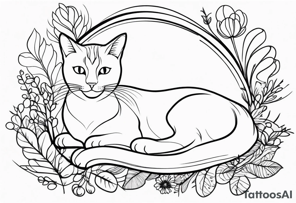 Illustrate a small tattoo of a tabby cat curled up, surrounded by gentle swirls or floral elements to enhance its cozy vibe tattoo idea