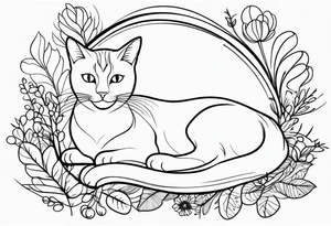 Illustrate a small tattoo of a tabby cat curled up, surrounded by gentle swirls or floral elements to enhance its cozy vibe tattoo idea