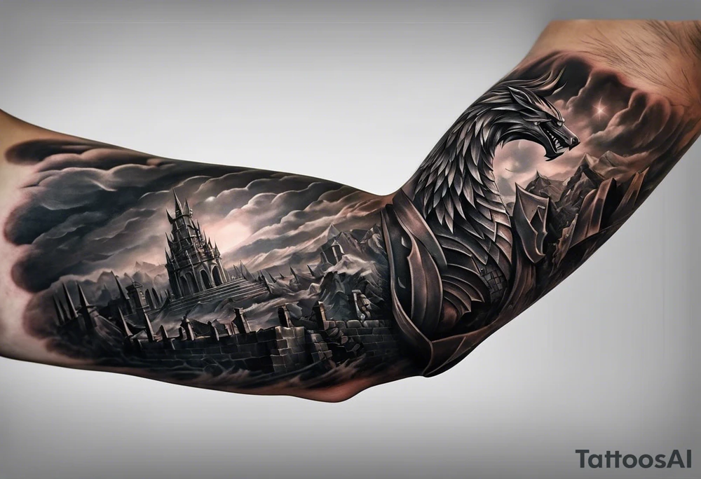 Certainly! Here's the updated description for a bicep and upper arm tattoo:

---

**Tattoo Description:**

**Design:** Black and gray detailed illustration.
**Location:** Bicep and upper arm.
**Concept:** Scene from Dante's Inferno, inspired by Gustave Doré's illustrations.

**Details:**

1. **Main Elements:**
   - A dark forest with towering trees and rocky terrain.
   - Two small figures standing at the entrance of a dark cave, symbolizing the descent into hell.
   
2. **Style:**
   - Detailed line work capturing the intricate details of the forest and rocky environment.
   - Black and gray shading to create depth and contrast, emphasizing the eerie and foreboding atmosphere.

**Overall Feel:**
   - A haunting and dramatic scene that evokes the mysterious and ominous journey through Dante's Inferno.

---

This version is tailored for the bicep and upper arm, providing a clear and concise vision for your tattoo artist. tattoo idea
