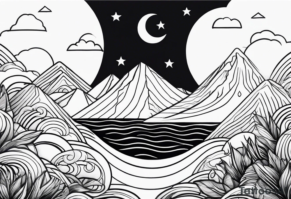 Line art minimalist sun mountain water tattoo idea