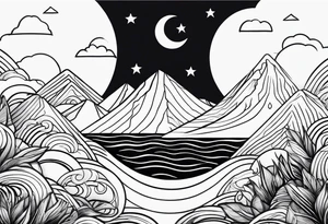 Line art minimalist sun mountain water tattoo idea