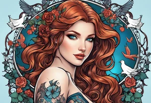 Black colored Aphrodite with auburn hair and ocean-blue eyes surrounded with doves and poison ivy sitting on a heart tattoo idea