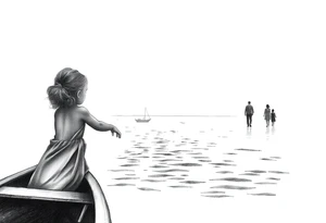 The silohette of a Little girl leaning over a boat hand outreached  in. The rippling  water the fades into a scene of the daughter and father holding hands walking into distanc tattoo idea