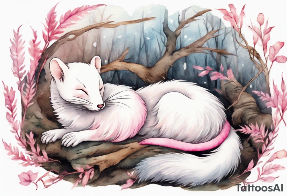 an ermine with pink fur and two tails sleeping in the forest tattoo idea