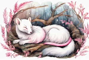 an ermine with pink fur and two tails sleeping in the forest tattoo idea