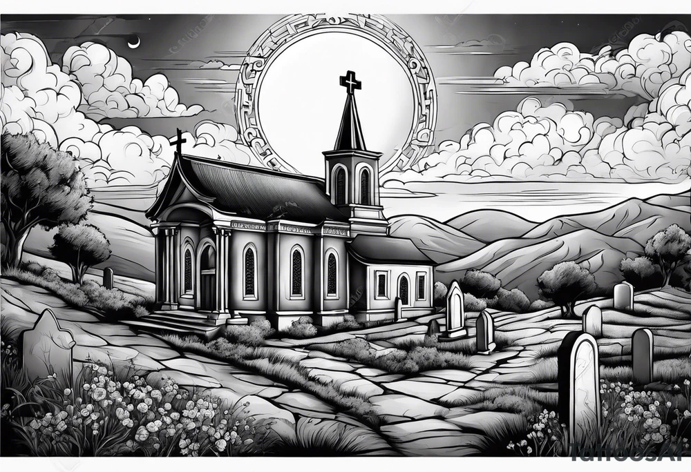Graveyard with moon and greek church on hills with clouds tattoo idea