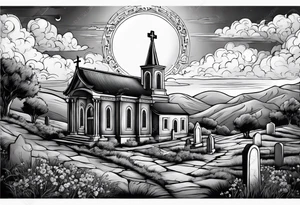 Graveyard with moon and greek church on hills with clouds tattoo idea