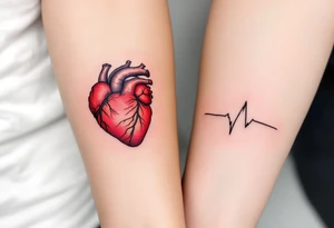 A red anatomical heart tattooed on one partner and a matching black heartbeat line forming a heart on the other. tattoo idea
