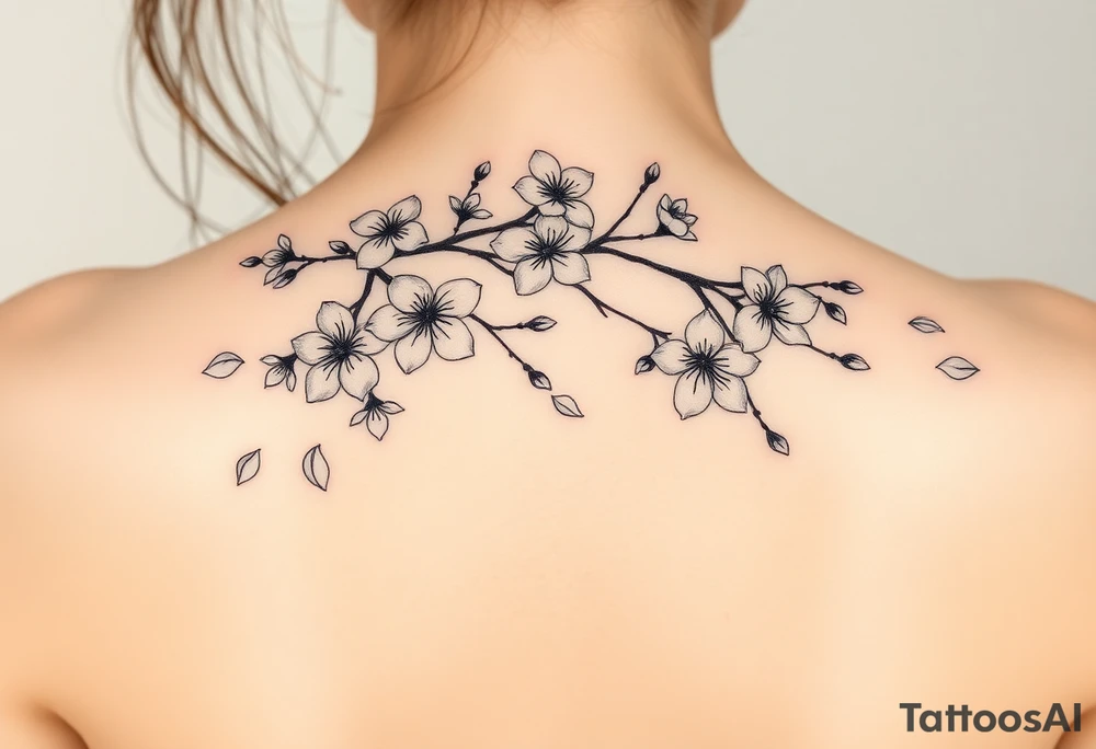 delicate cherry blossoms swirling in spring breeze with petals tattoo idea