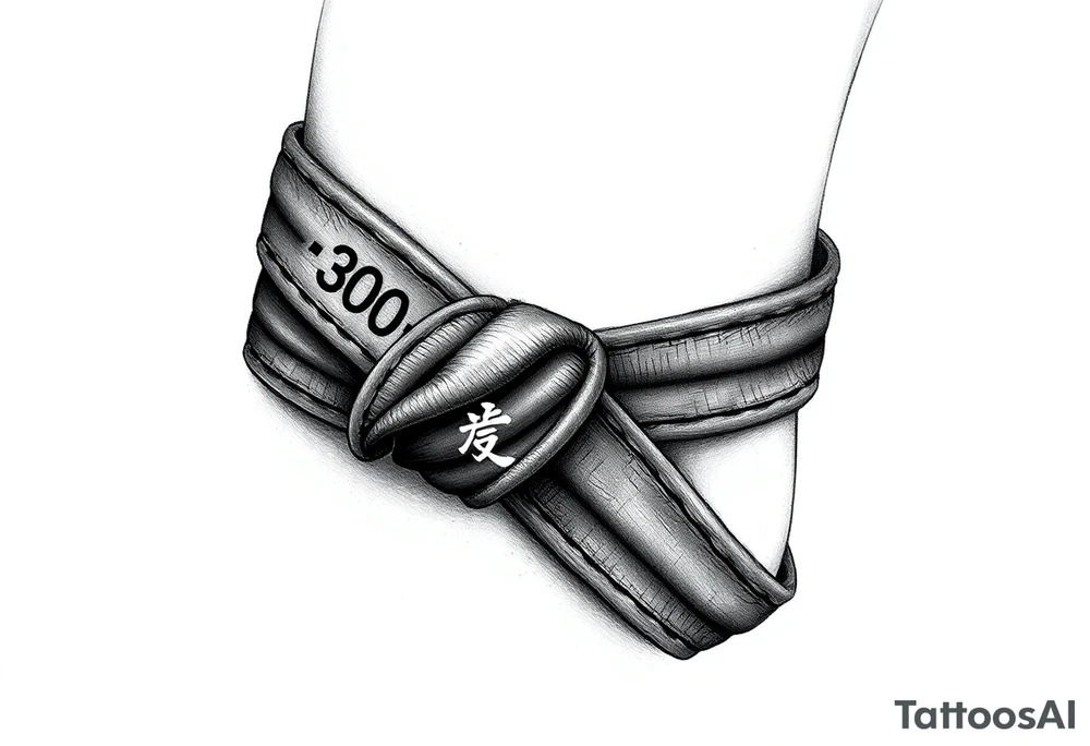 A realistic black and gray tattoo of a Brazilian Jiu-Jitsu black belt wrapping around the wrist like a bracelet. The belt is tied in a knot with one end showing the number 30 and the other showing 24. On the flat end of the belt, two Japanese kanji characters are inked in white: 成長 (growth) and 忍耐 (perseverance). The belt has subtle stitch marks and worn, textured shading for a slightly distressed, authentic look. tattoo idea