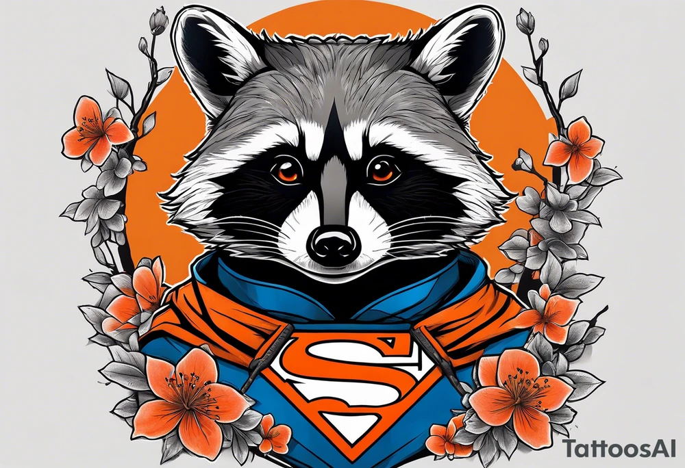 raccoon wearing a Superman hoodie with black and white logo and orange Japanese cherry blossoms tattoo idea