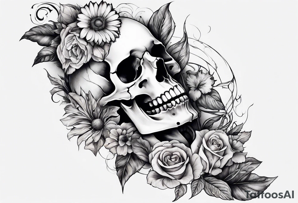 arm sleeve indicating pain, consisting of bones and screaming faces and dead flowers tattoo idea