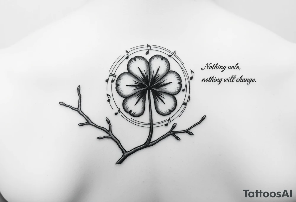 want a medium-sized tree branch as the base. On top of the branch, I want a four-leaf clover that looks like it’s cracking a bit, Around the clover, I want music staff lines forming a neat circle, with little musical notes 🎶 going around it. Then off to the side, I want the quote: ‘Nothing changing, nothing will change. And the picture below I just want the designs with red  and the little dots and little music notes 


•	Tree branch (main shape)
	•	Cracked clover (on top)
	•	Circle of music lines with music notes (around it)
	•	then Quote on the side tattoo idea
