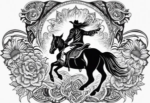 Cover up tribal sun located on right shoulder blade with a cowboy riding a bucking horse pictured inside a bull skull. Add lyrics “the devil can scrap, but the lord has won” tattoo idea