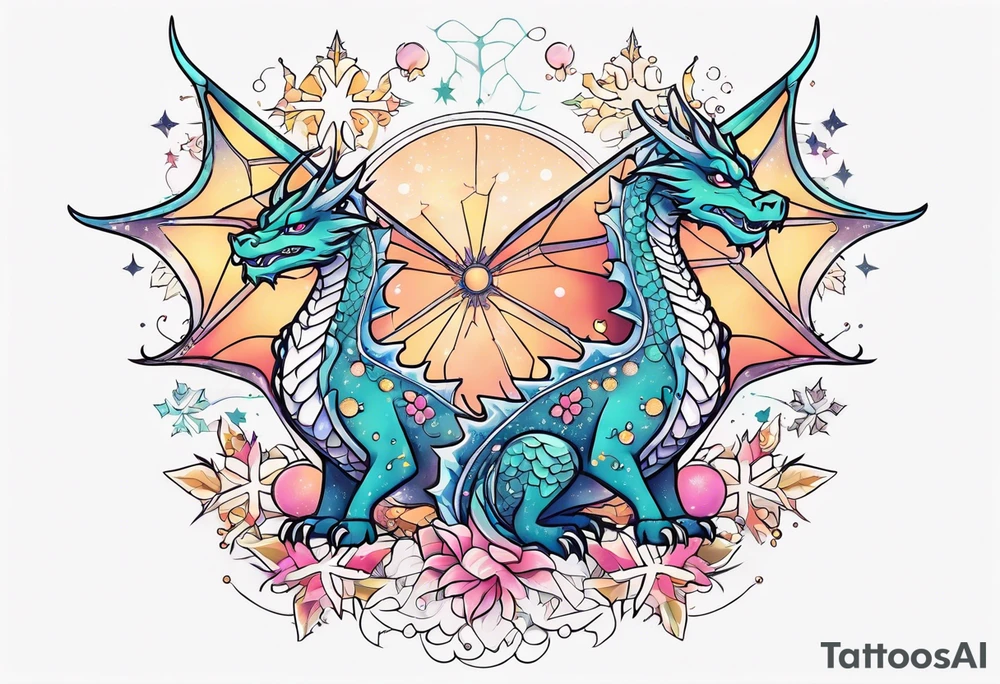 Constellation, kawaii dragon, snowflake tattoo idea