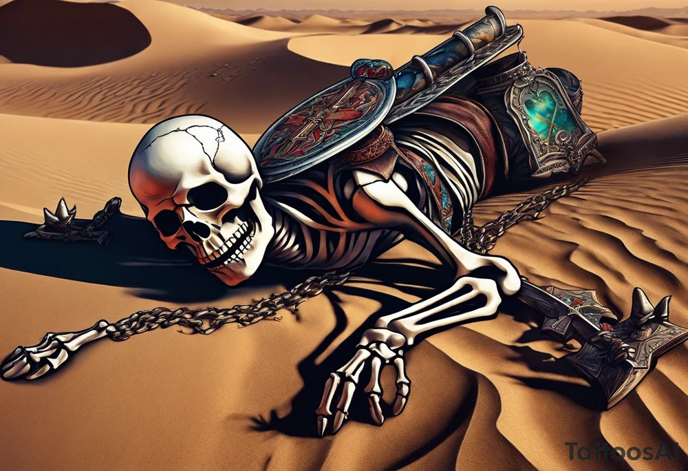 skeleton crawling towards a cross in a desert tattoo idea