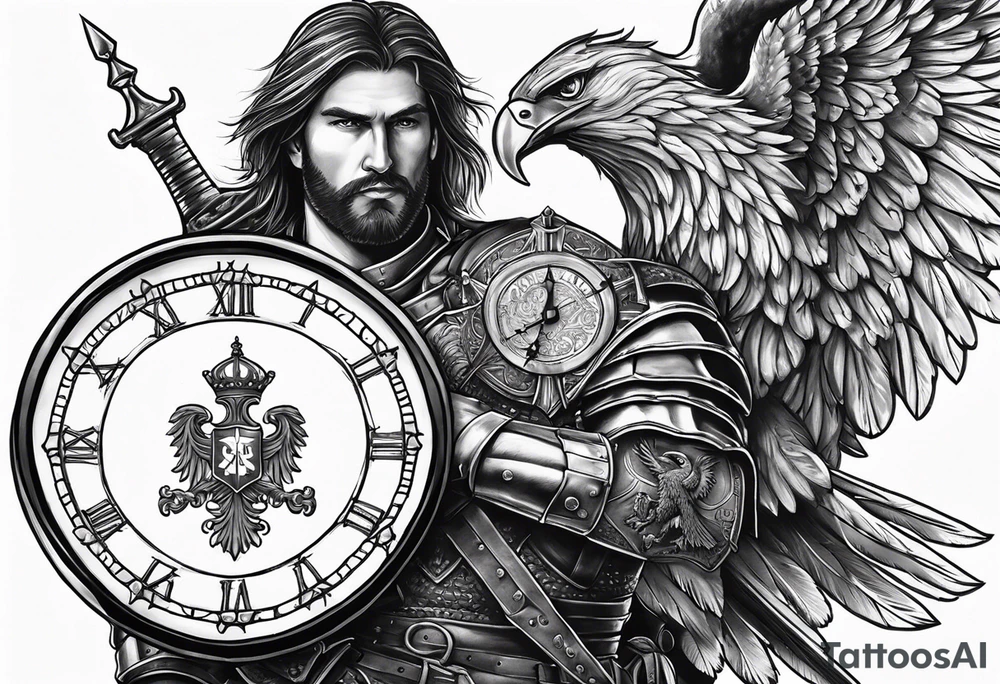 Serbian knight holding a shield with the Serbian eagle in the shield with a clock behind him tattoo idea
